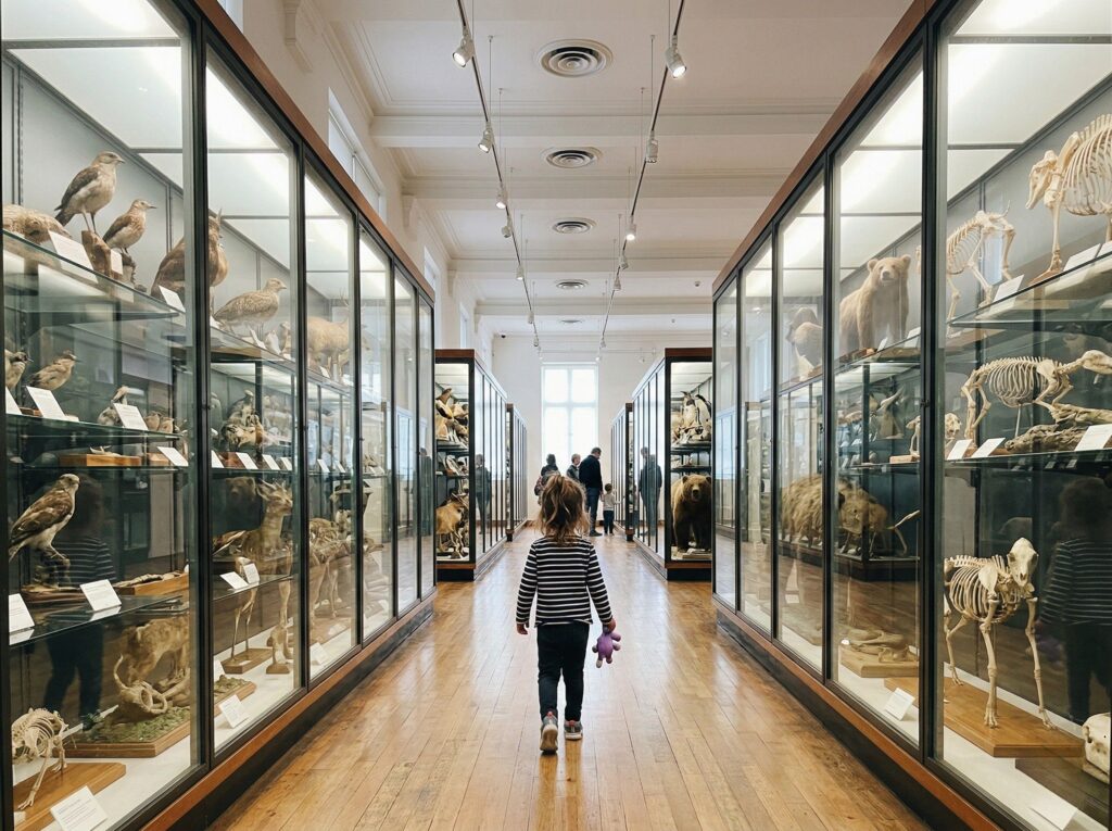An image of a child in a musuem walking down a hallway.