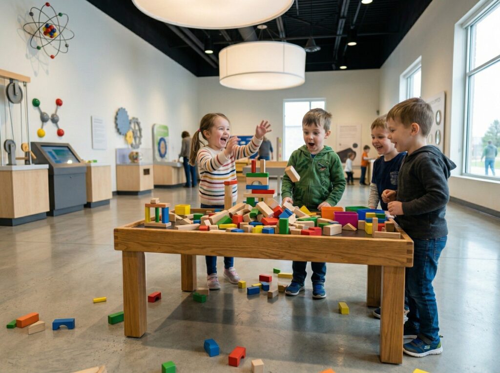 An image of children playing with wooden blocks at a museum.