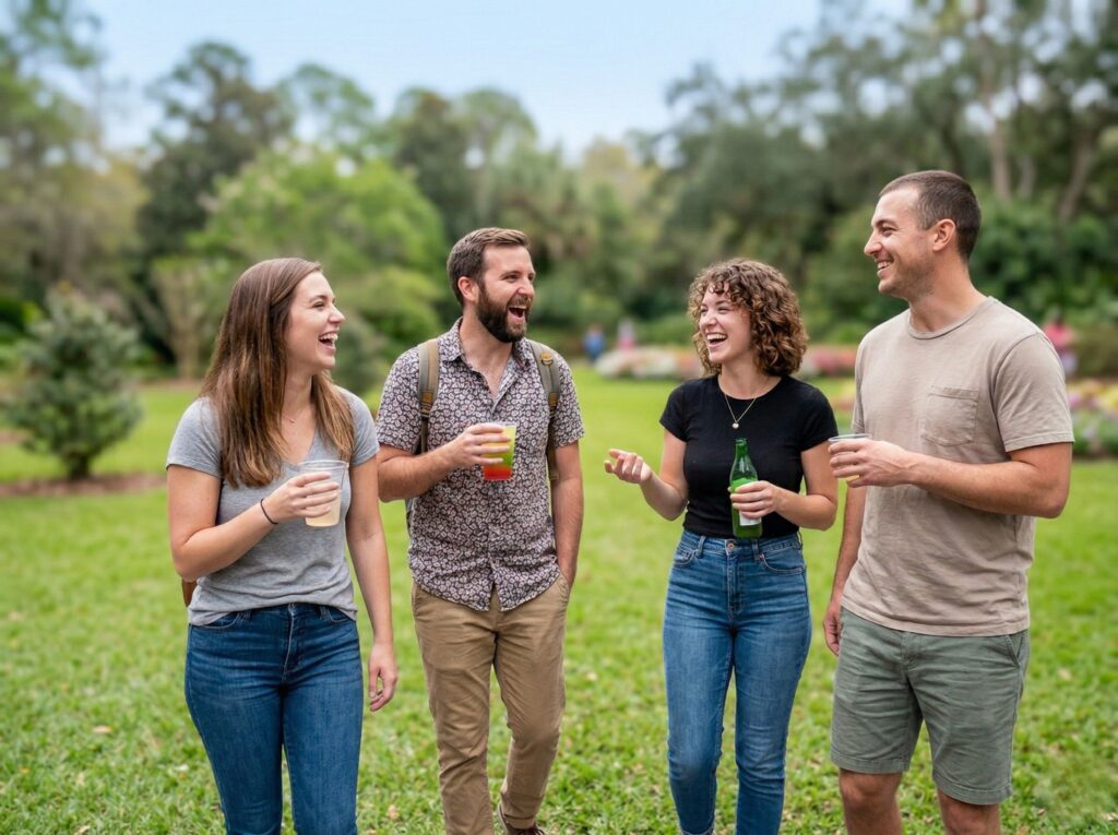 An image of friends enjoying a botanical garden.