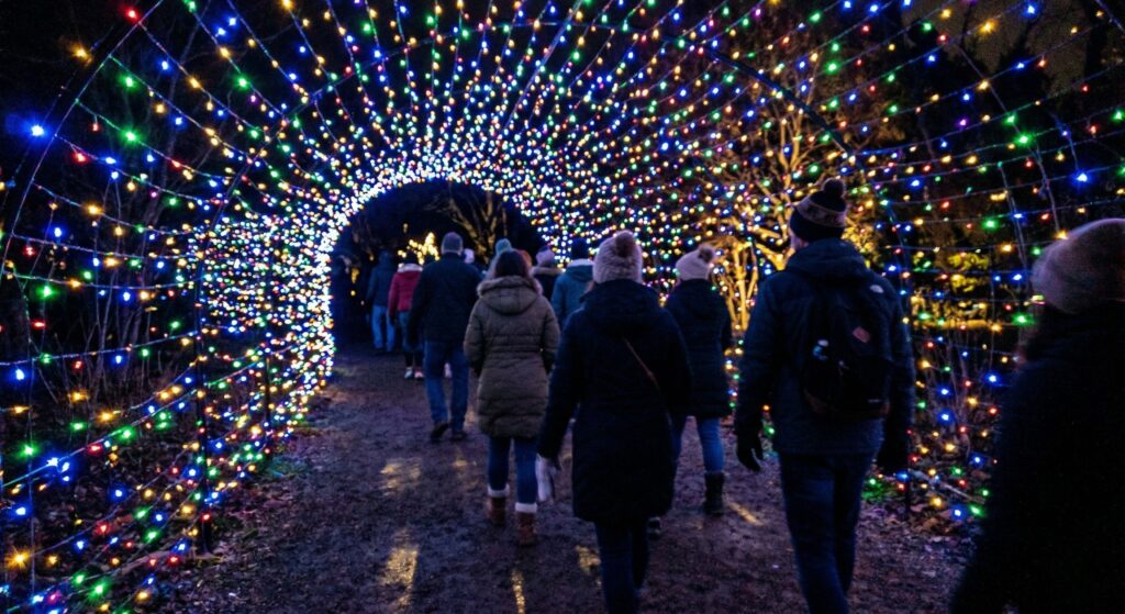 An image of people walking through a holiday light tunnel at a zoo.