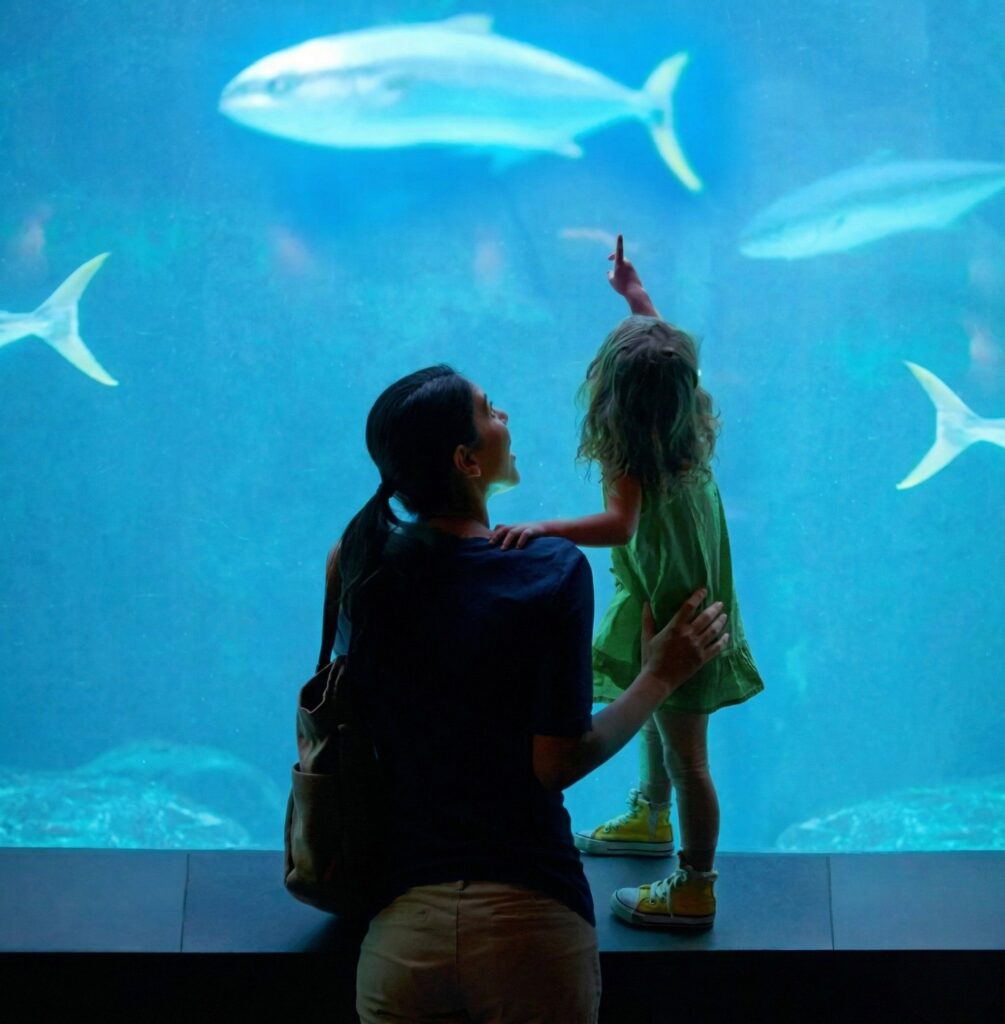 An image of a mother and child at an aquarium.